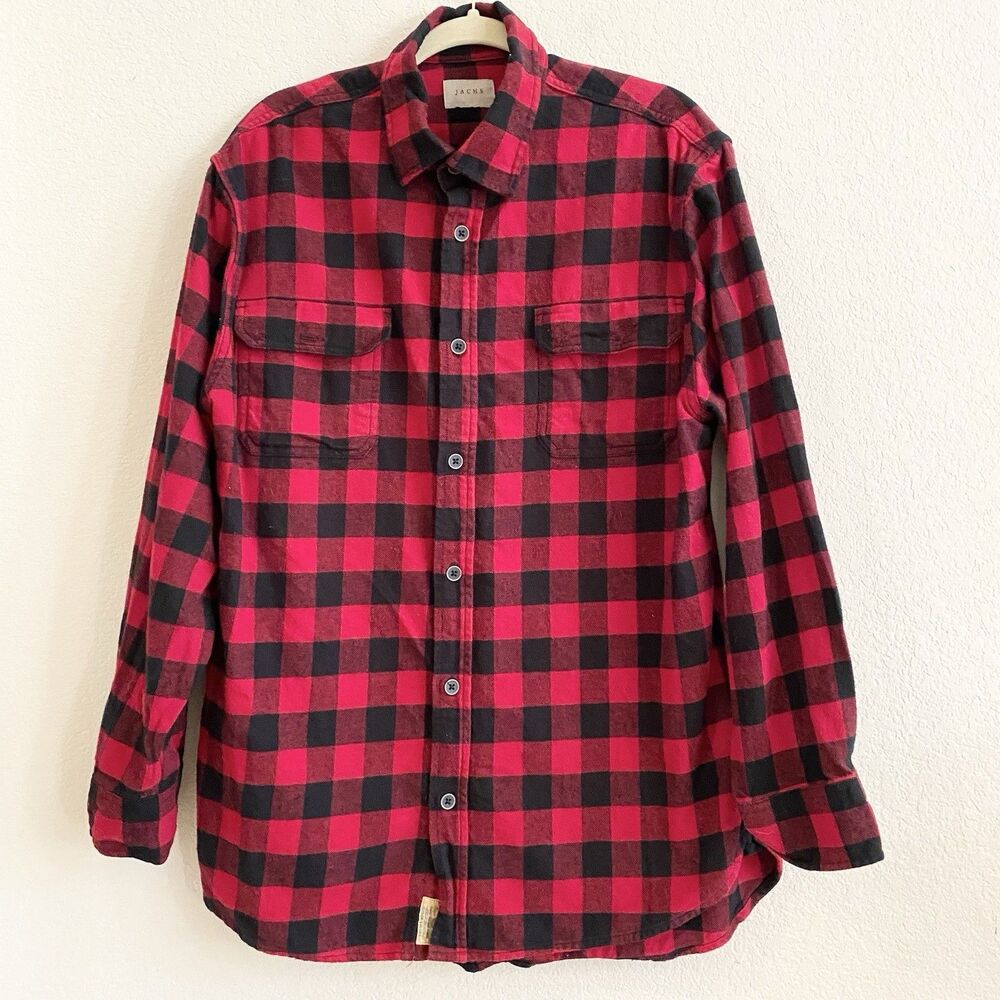 Jachs Button‎ Down Collar Black/Red Plaid Flannel Shirt Men's SZ XL 100% Cotton